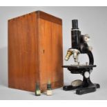 A Crook, Troughton and Sims Ltd Black Japanned and Chrome Microscope in Wooden Fitted Case,