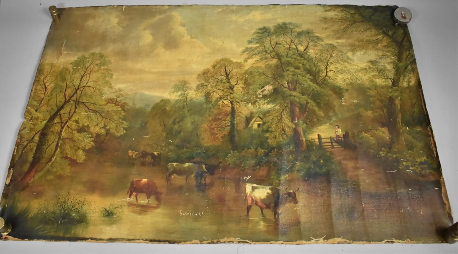 An Unmounted Oil on Canvas Depicting Cattle Grazing, 100x67cms