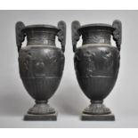 A Pair of 19th Century Cast Metal Two Handled Urns of Bulbous Form, The Bodies Decorated with