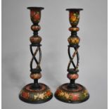 A Pair of 20th Century Kashmiri Candle Stands/Lamp Bases on Black Ground with Polychrome Floral