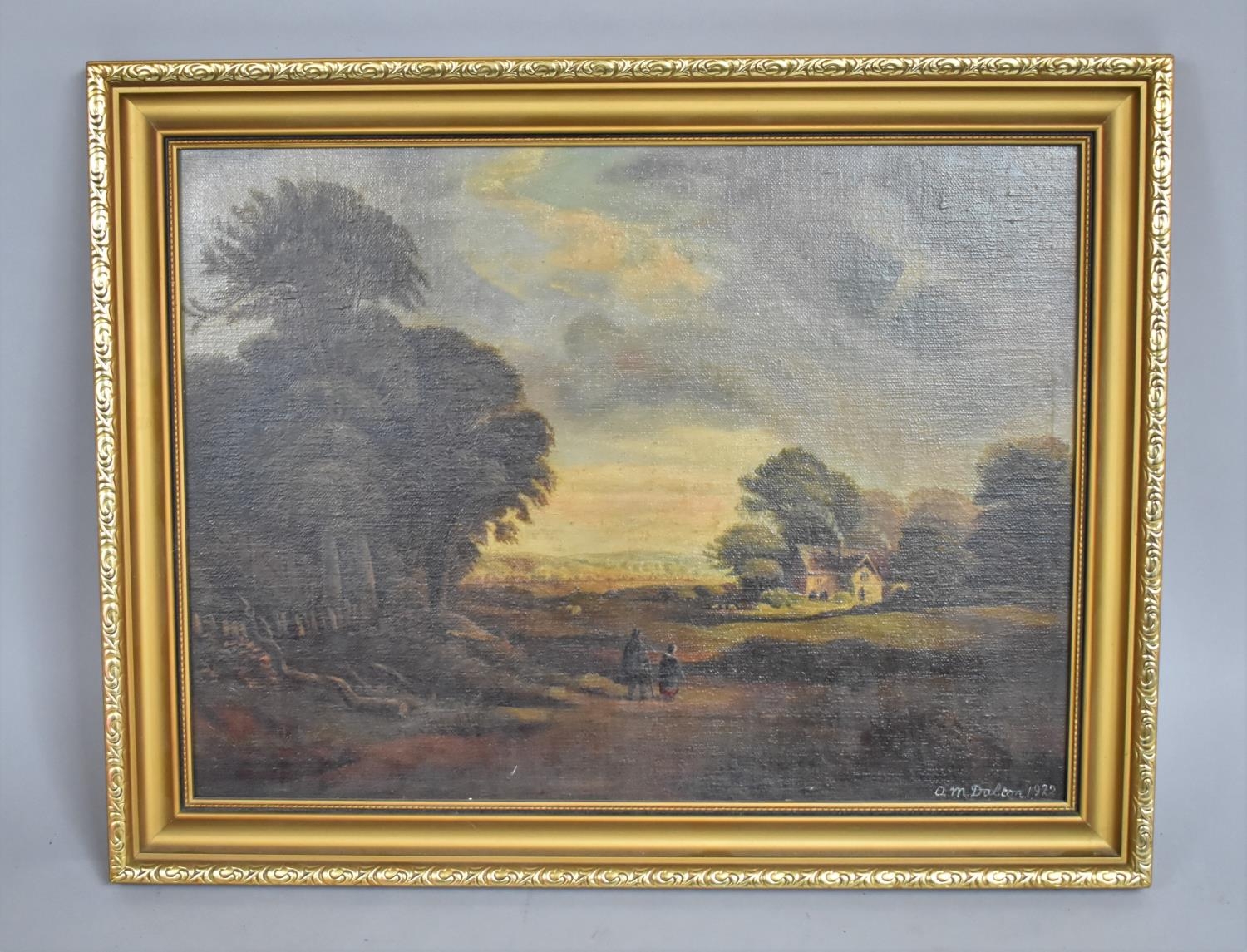 A Gilt Framed Oil on Board Depicting Figures and Thatched Cottage in Rural Location, Signed and