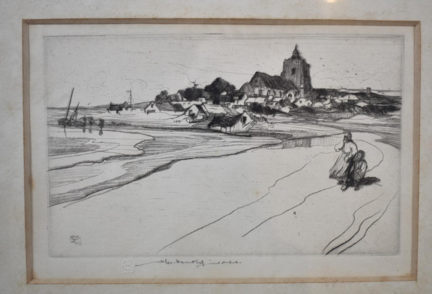 A William Lee Hankey Etching Sea Village with Figures and Boats, Church to Background, Signed in - Bild 2 aus 2