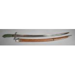 A 19th Century Curved Bladed Sword with Wired and Green Stained Ivory Handle, Leather and White