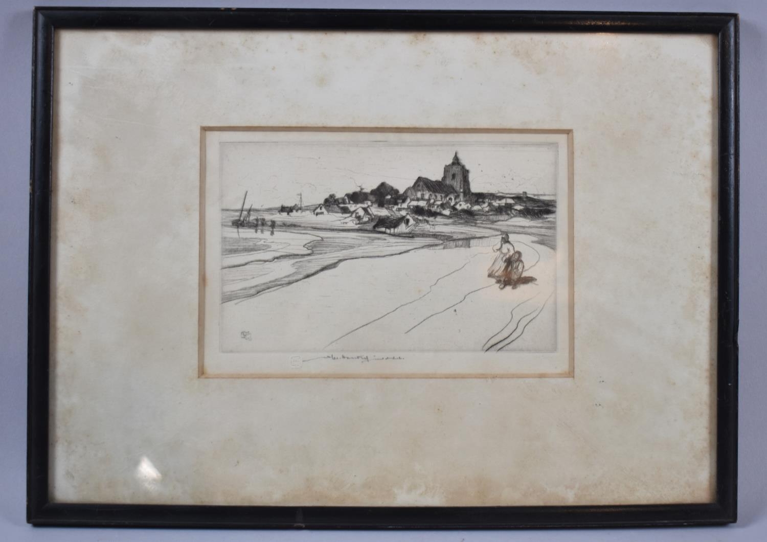 A William Lee Hankey Etching Sea Village with Figures and Boats, Church to Background, Signed in