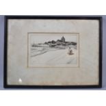 A William Lee Hankey Etching Sea Village with Figures and Boats, Church to Background, Signed in