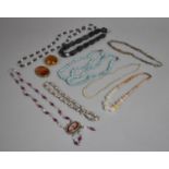 A Collection of Various Jewellery to include Necklaces with Silver Clasps, Carnelian Stone Brooch (