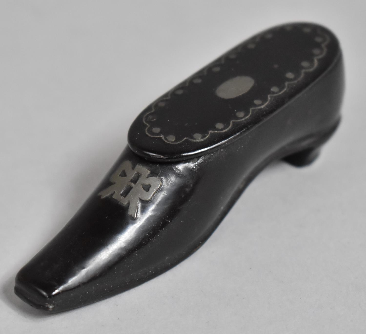 A 19th Century Papier-Mache and White Metal Inlaid Novelty Snuff Box in the Form of a Shoe, 9cms