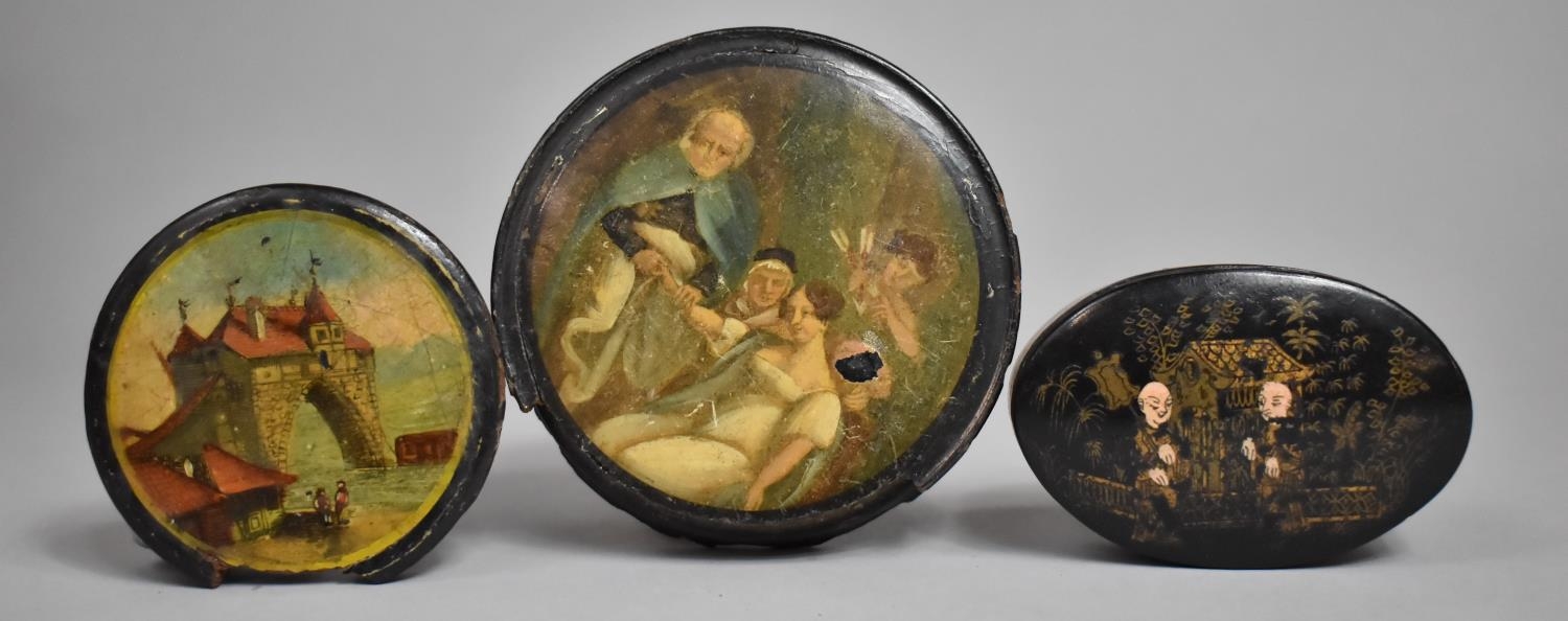 A 19th Century Papier-Mache Circular Snuff Pot, the Lid Decorated with Figural Scene of Elderly Lady