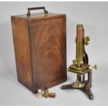 A 19th Century Lacquered Brass Monocular Microscope by W T Davenport, Complete with Wooden Case Etc,