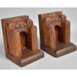 A Pair of Mid 20th Century Oak Carved Bookends in the Form of Castle Gates, 15cms High