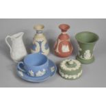 A Collection of Five Pieces of Wedgwood Jasperware, Two Vases, Lidded Pot, Green and White Vase