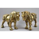 A Pair of Large and Heavy Cast Brass Heavy Horses, Both Measuring 32x24.5cms High
