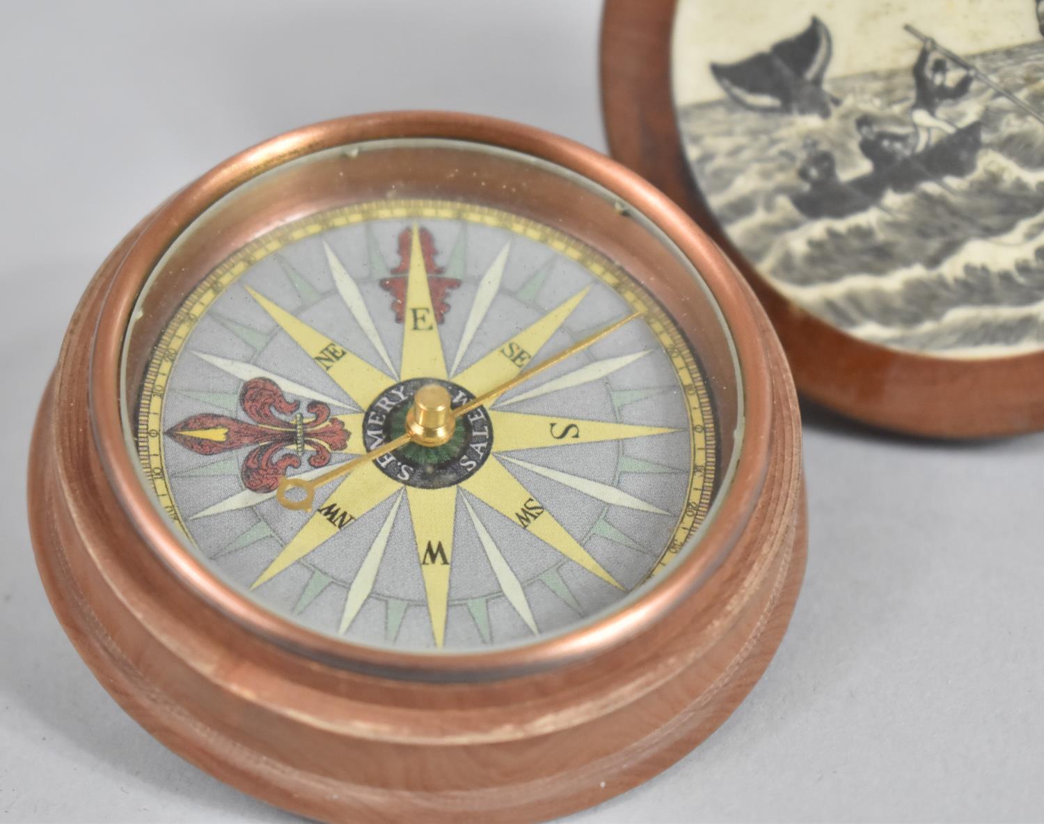 A Reproduction Circular Wooden Cased Compass with Carved Scrimshaw Bone Whaling Mount, 6.5cm - Image 2 of 3