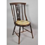 An Edwardian Inlaid Mahogany Circular Tapestry Seated Side Chair with Pierced Back Splat