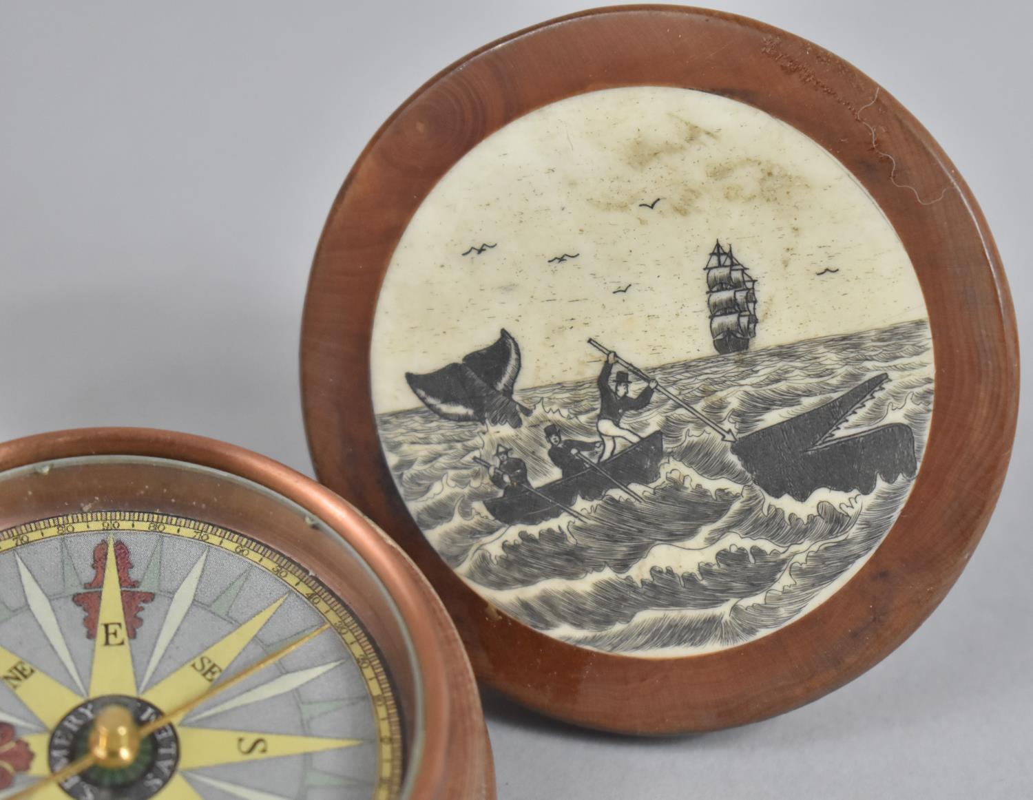 A Reproduction Circular Wooden Cased Compass with Carved Scrimshaw Bone Whaling Mount, 6.5cm - Image 3 of 3