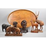 A Collection of Souvenir African Carved Wooden Ornaments and Busts, Together with an Oval Tray