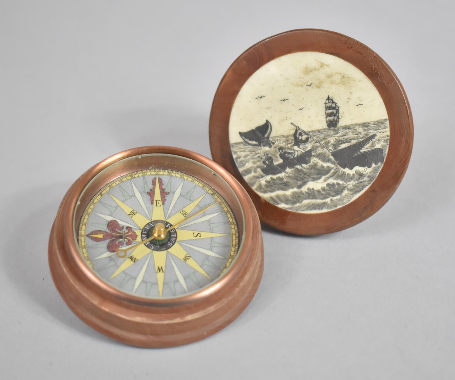 A Reproduction Circular Wooden Cased Compass with Carved Scrimshaw Bone Whaling Mount, 6.5cm