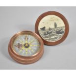 A Reproduction Circular Wooden Cased Compass with Carved Scrimshaw Bone Whaling Mount, 6.5cm