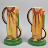 A Pair of Handpainted Art Deco Cylindrical Jugs on Circular Bases, 26cm high