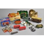 A Collection of Various Vintage Playworn Diecast Toys, Lion Toy, Tinplate Pullman Carriage, Whale