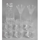 A Set of Six Cut Glass Tumblers, a Decanter and Two Stuart Conical Wine Glasses (One with Chip)