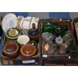 Two Boxes Containing Glazed Cooking Pots, Bottles etc