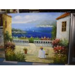 A Large Mounted but Unframed Oil on Canvas Depicting Mediterranean Scene, 120x90cm