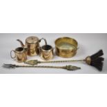 A Three Piece Silver Plated Tea Service, Brass Toasting Fork, Brush etc