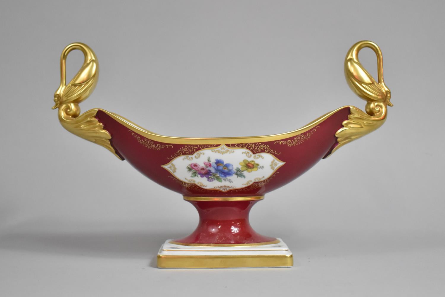 A German Alka Kunst Two Handled Gilt and Maroon Mantle Bowl with Hand painted Floral Decoration,