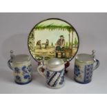 A Set of Three Glazed Lidded Steins and a Handmade Cypriot Decorated Plate