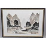 A Framed Oriental Print Depicting River and Mountain Scene, 37x27cm