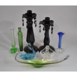 A Collection of Various Glassware to include Two Green Glass Candleholders with Moulded Decoration