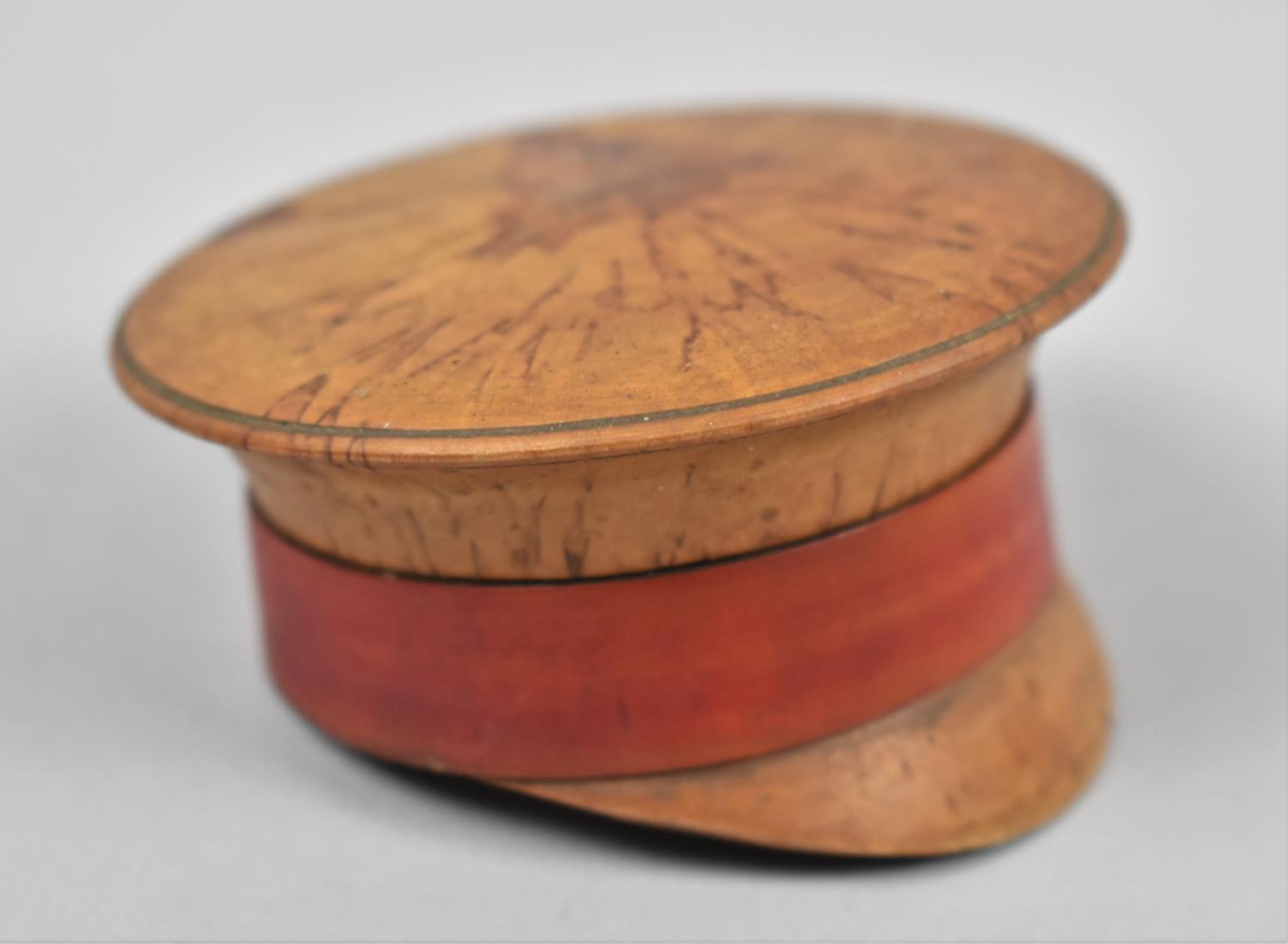 A WWI Novelty Treen Circular Snuff in the Form of a Military Cap, 7.5cm Diameter