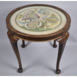 A Vintage Oak Framed Circular Coffee Table with Silk Embroidered Top Under Glass, 85cm wide