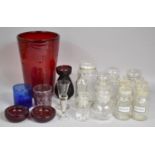 A Large Ruby Glass Vase, Decorative Tumbler, Plain Glass Storage Jars etc