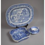 Four Pieces of Blue and White Transfer to Comprise Willow Pattern Meat Plate, Spode Italian Shaped