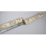 A Japanese Carved Bone Katana Sword with Hilt and Scabbard, Nicely Carved in Relief with Horses,