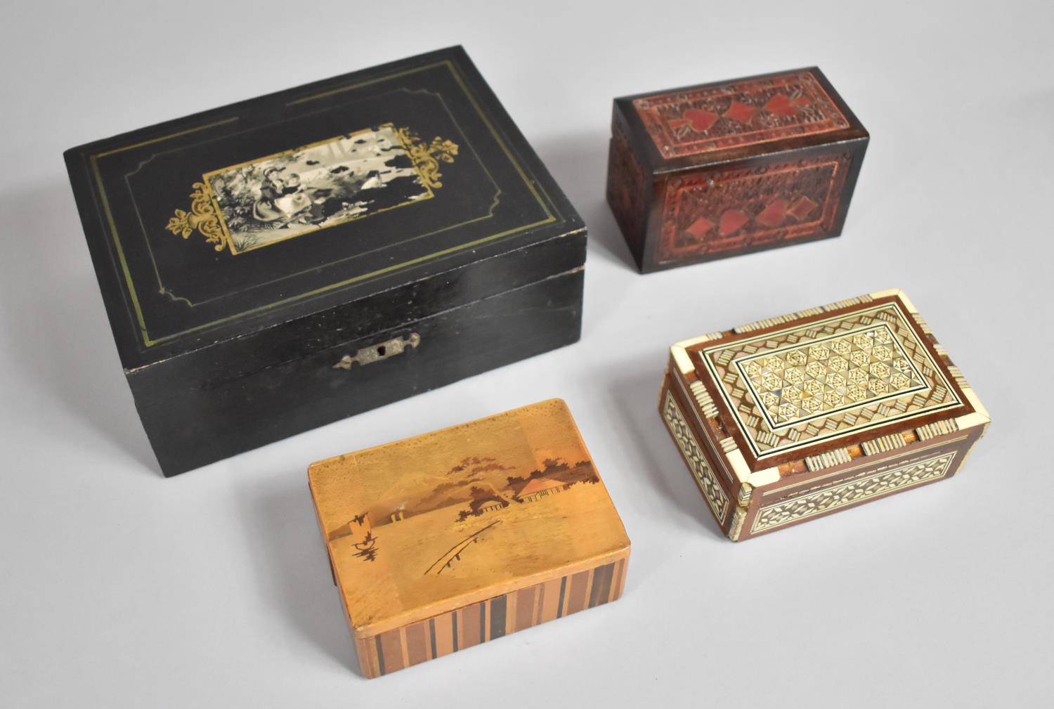 A Collection of Four Wooden Boxes to Include Ebonised Musical Example, Visakhapatnam, Card Box and