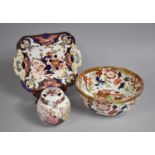 A Mason Brocante Jar, Old Castle Imari Pattern Bowl and Two Handled Derby Imari Tray (Hairline