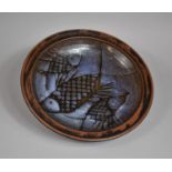 A Glazed Stoneware Studio Pottery Bowl Decorated with Fish, 34cm Diameter