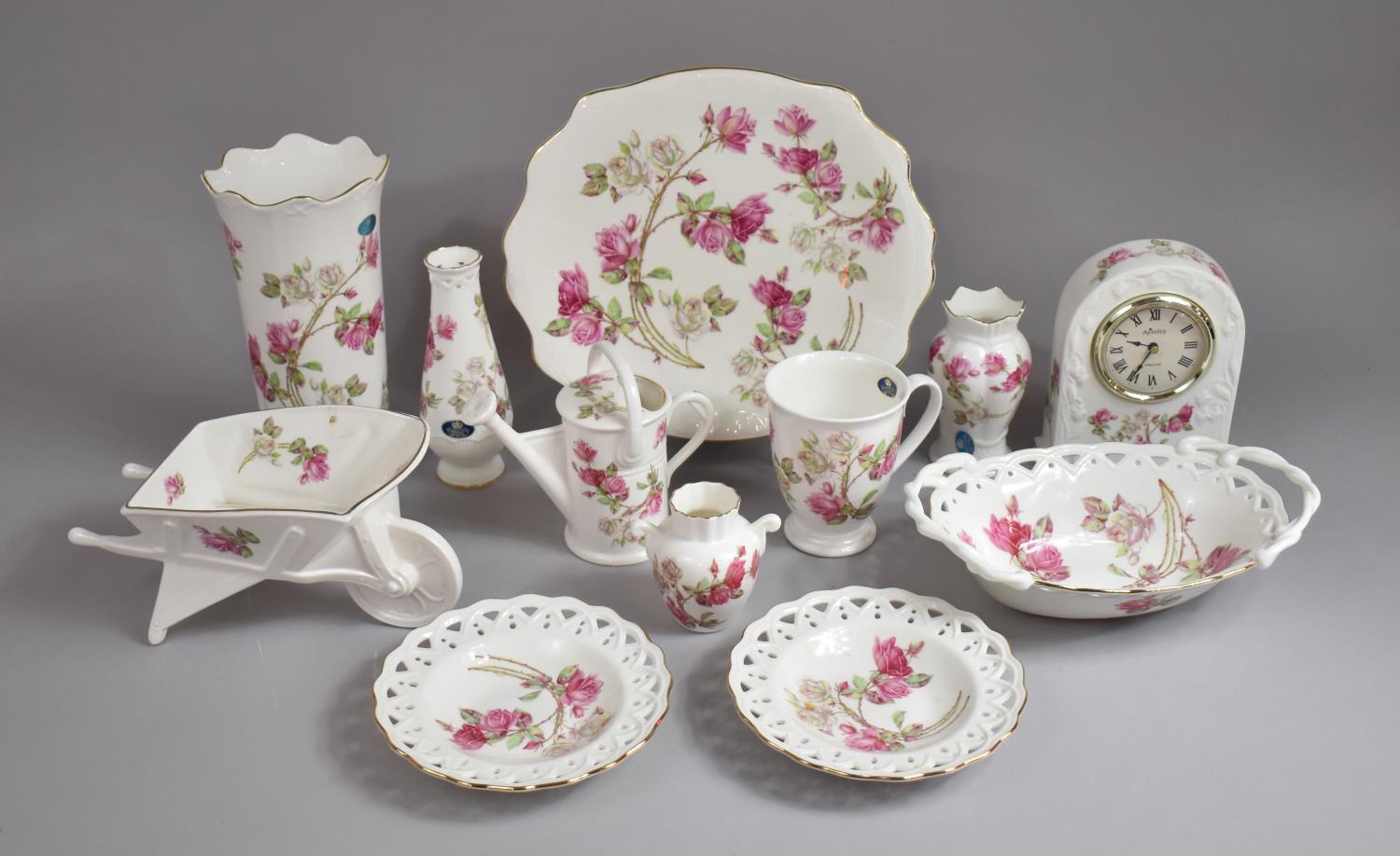A Collection of 12 Pieces of Various Aynsley Elizabeth Rose China to include Vase, Mantel Clock,