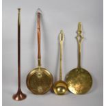 A Small Copper Coaching Horn, Victorian Brass Skimmer, Large Brass Ladle and Reproduction