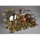 A Collection of Various Metalwares to include Brass Fireside Ornaments, Brass Candlesticks, Bell,