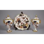 A Pair of Coalport Hong Kong Pattern Lidded Two Handled Vases Together with Matching Plate