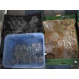 Three Boxes of Various Drinking Glasses, Decanter, Vases etc