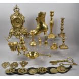 A Box of Brass to Include Ornate Mantle Clock with Battery Movement, Candle Sticks, Pestle and
