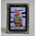 A Miniature Silver Plate Framed Butterfly Wing Picture of Sailing Ship, 9.5cm x 7cm