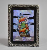A Miniature Silver Plate Framed Butterfly Wing Picture of Sailing Ship, 9.5cm x 7cm