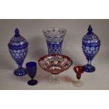A Pair of Bohemian Blue overlaid Glass Vases (Both Lids AF) Together with a Similar Large Flared