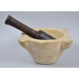 A Vintage Carved Marble Mortar with a Turned Wooden Pestle, Mortar 17cm Diameter